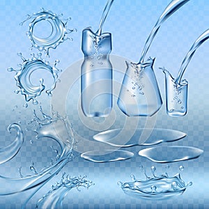 Set vector illustrations water splashes and flows, streams photo