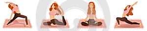 Set of vector illustrations of womens workout. A young red-haired girl is engaged in yoga, dance, aerobics, fitness