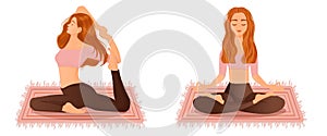 Set of vector illustrations of womens workout. A young red haired girl is engaged in yoga, dance, aerobics, fitness