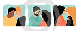 A set of vector illustrations with young couples of different sexual orientations close-up