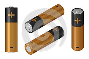 A set of vector images of AA batteries in isometric view and front view photo