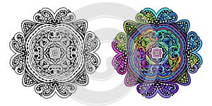 Set of vector images of black and white and a decorated mandala