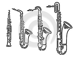 Set of vector images of different types of saxophones drawn by lines