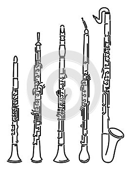 Set of vector images of different types of woodwind instrument drawn by lines