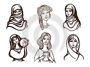 Set of vector images of girls - Ukrainian, Indian, Arab, Italian