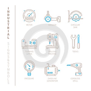 Set of vector industrial icons and concepts in mono thin line style