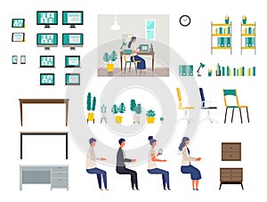 Set of vector interiors for home office. Isolated modern flat vector illustrations of various interiors for teleconference