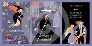 Set of vector invitation banners for halloween party with cartoon funny characters in costumes and witch flying over the city