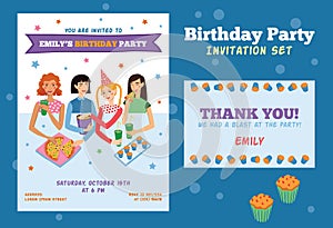 Set of Vector Invitation Flyer and Thank You Card For Teenage Girls Birthday Party With Four Pretty Friends Celebrating