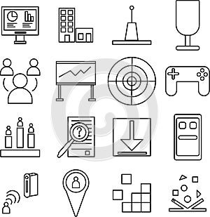 Set of vector isolated black icons, Set of isolated black icons, eps 10, About playing games, Bussines, servers, cellphones, Compu