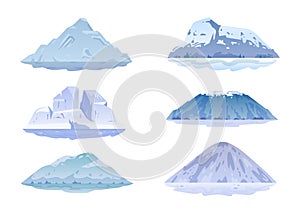 Set of vector isolated ice mountains icons. Mountain natural landscape, hill top, iceberg, snow ice peaks. Travel