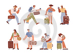 Set of vector isolated illustration of traveling people rushing to the flight to the plane, studying map while sitting