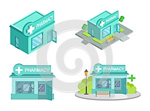 Set of Vector isometric Drugstores from different angles. Facade of Pharmacy Store isolated on white background. Drugstore House. photo