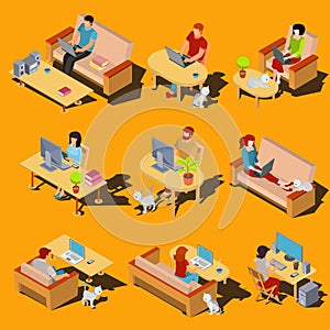 Set of vector isometric icons of men and women working on a computer and laptop at home.