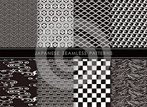 Set Of Vector Japanese Monochrome Vintage Seamless Patterns.