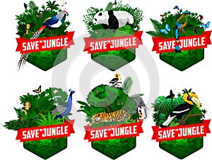 Un conjunto compuesto por la jungla selva emblemas los animales 