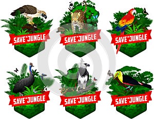 Set of vector jungle rainforest emblems with red scarlet Macaw ara parrot, harpy eagle, jaguar, rainbow-billed toucan,  cassowary