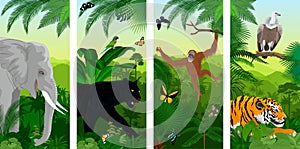 Set of vector Jungle rainforest vertical baners with elephant, orangutan, Griffon vulture, tiger, parrot, butterflies and jaguar o