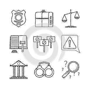 Set of vector justice icons and concepts in sketch style