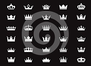 Set of vector king crowns icon on black background. EPS outline Illustration