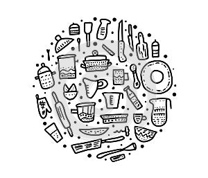 Set of vector kitchen equipments in doodle style.