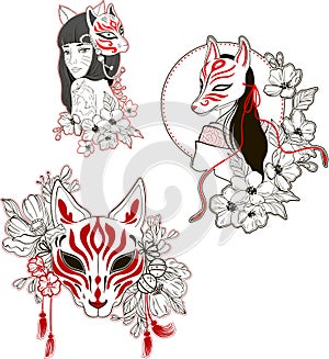 Set of vector kitsune mask illustration
