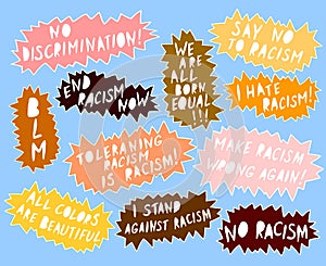 Set of vector lettering handwritten on theme of antiracism, protesting against racial inequality and revolutionary design. For