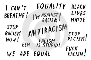 Set of vector lettering handwritten on theme of antiracism, protesting against racial inequality and revolutionary design. For