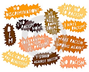 Set of vector lettering handwritten on theme of antiracism, protesting against racial inequality and revolutionary design. For photo