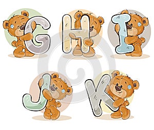 Set vector letters of the English alphabet with funny teddy bear