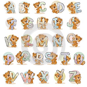 Set vector letters of the English alphabet with funny teddy bear