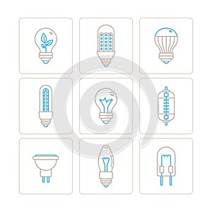 Set of vector light bulb icons and concepts in mono thin line style