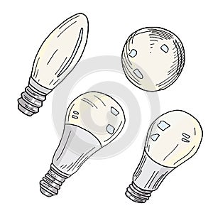Set of vector light bulbs. Hand drawn LED lamps isolated on white background. Cartoon colored stock illustration. Top