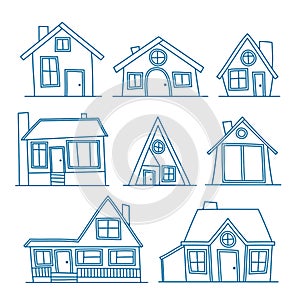 Set of Vector line art illustration of cool detailed house icon isolated on white background. For coloration