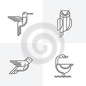 Set of vector line art logo with birds. Outline illustrations of hummingbird