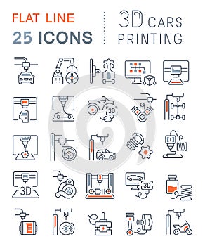 Set Vector Line Icons of 3D Cars Printing.