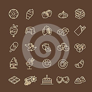 Set vector line icons in flat design chocolate, dessert, cacao and candy