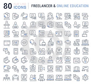 Set Vector Line Icons of Freelancer and Online Education.