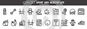 Set vector line icons healthy lifestyle, sport, fitness, running, healthy Food and Diet in flat design , with elements for web and