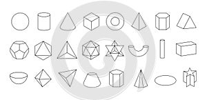 Set of vector linear black geometric shapes. Mathematics of a geometric figure, contour. Platonic solid. Icons, logo for