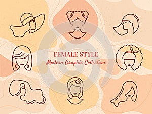 Set of vector linear silhouettes of women and girls styles isolated on colorful backgrounds.