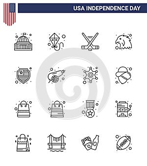 Set of 16 Vector Lines on 4th July USA Independence Day such as shield; american; hokey; eagle; animal photo