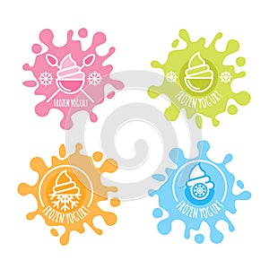 Set of vector logo, label of frozen yogurt in multicolor milk splashes.