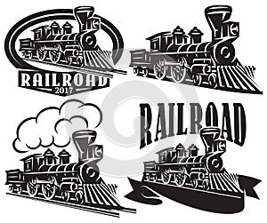 Set of vector logo in vintage style with locomotives. Emblems, labels, badges or patterns on a retro railroad theme