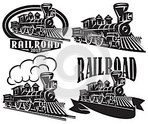 Set of vector logo in vintage style with locomotives. Emblems, labels, badges or patterns on a retro railroad theme photo