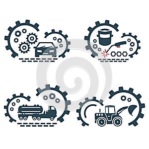 A set of vector logos of construction vehicles and car.