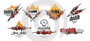 A set of vector logos with a drawn barbecue on a skewer photo