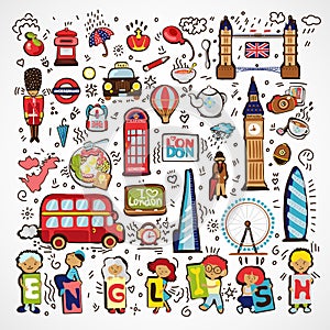 Set of Vector London Icons. Hand drawn England doodle icon. Famous architectural monuments, sign, symbols, icons