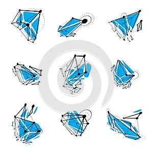 Set of vector low poly objects with connected lines and dots, 3d geometric wireframe shapes. Perspective trigonometry facet