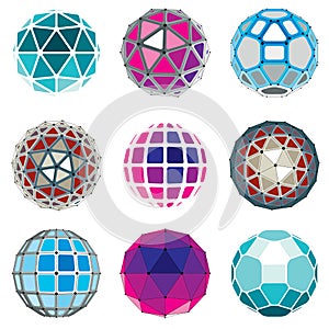 Set of vector low poly spherical objects with connected lines an